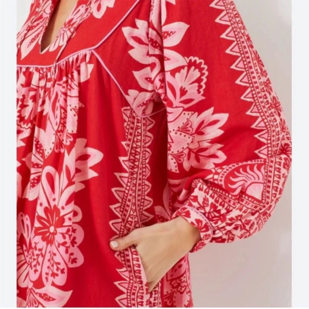 Farm Rio Flora Tapestry Red Long sleeve dress xxs - Picture 4 of 10